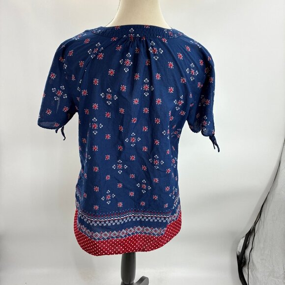 Talbots Boho Print Tunic Top Women’s Size M Blue Red Short Sleeve Split Sleeve - Picture 4 of 6